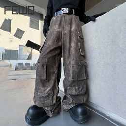 Men's Pants FEWQ Washed Wide Leg Pant Multi-pockets Male Straight Trousers Casual Gradient Colour Niche Design Spring Trendy 9C4400