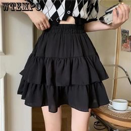 Skirts Black Elastic Waist A-line Skirt Women's Sweet Cake Double Layer Ruffle Edge Preppy Style Korean Fashion Summer Wholesale