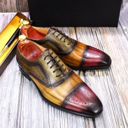Boots Handmade Mens Dress Shoes 100% Calf Leather Cap Toe Oxford Mixed Colours Lace Up Brogue Wedding Party Formal Shoes for Men