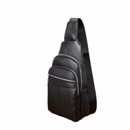 genuine Leather Men Casual Fi Travel Triangle Chest Sling Bag Black Design 8" Tablet One Shoulder Bag Daypack Male 166 w72H#