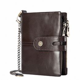 anti-theft Wallet for Men with Ir Chain Genuine Leather RFID Blocking Credit Card Holder ID Mey Bag Short Clutch Coin Pocket w714#