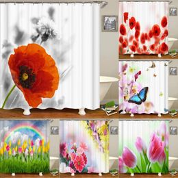 Shower Curtains Beautiful Flower Tulip Rose Butterfly Curtain Bathroom Printed Waterproof Polyester Fabric For