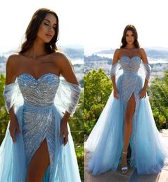 Light Sky Blue Split Mermaid Prom Dresses With Detachable Train Off Shoulder Glitter Sequin Formal Evening Dress Robes De Soiree C7852514