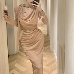 Casual Dresses Swing Collar Pleated Sexy Slim Sequins Long-sleeved Dress Women 2024 Spring Korean Lace-up Solid Color Elegant Party