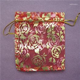 Party Decoration Colourful Bronzing Rose Organza Gift Bag 10x12cm With Drawstring String Packaging Pocket Pouch Jewellery Candy Wedding