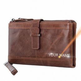 2022 Leather Lg Men Clutch Wallets Double Zipper Name Customized Large Capacity Men Purse Phe Holder Leather Male Wallet F6QS#