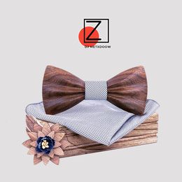 Design Wood Bow Tie For Wedding Solid Plaid Pocket Square Cufflinks Brooch Bowtie Set Suit Mens Hanky Ties cadeau homme240327