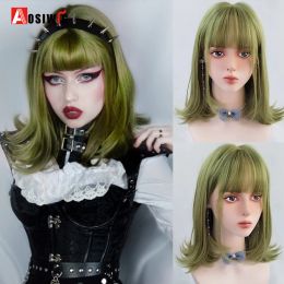 Wigs Aosiwig Synthetic Short Bob Straight Girl Wig Green Cosplay Lolita Natural Hair Costume Anime Wigs With Bangs For Women Female