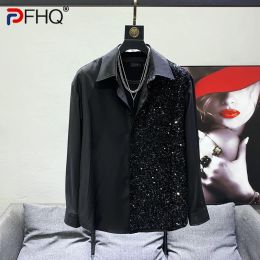 PFHQ Trendy Sequin Decorate Original Patchwork Design Men Casual Long Sleeve Shirt High Quality Stylish 2023 Elegant Tops Loose