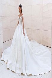 Luxury Beaded Princess Wedding Dress Sweetheart Sheer Off The Shoulder Crystal Appliques Satin Ball Gown Bridal Vestido De Noiva3845989