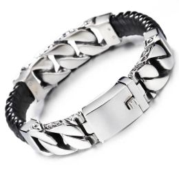 Bracelets Vintage Charm Men's Bracelet Stainless Steel Curb Chain With Black Leather Wristband Bracelets 22cm