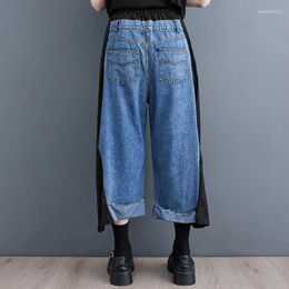 Women's Jeans 2024 Arrival Spring/summer Women Vintage Cotton Denim Patchwork Ankle-length Pants Elastic Waist Wide Leg V702