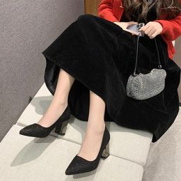 Dress Shoes Women Bling Pumps 6-8cm Square Heel Sequined Leather Slip On Mary Janes Pointed Toe High Lady Footwear Plus Size 34-43