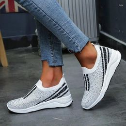 Fitness Shoes Running Sneakers Women Vulcanized Crystal Shiny Elastic Band Sock Woman Comfort Casual Loafers Bling Slip Ons