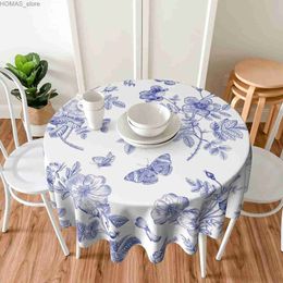 Table Cloth Spring Flower Tablecloth Round 60 Inch Blue White Table Cloth Waterproof Fabric Farmhouse Floral Butterfly Tablecloths Decor Y240401