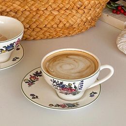 Mugs Retro Afternoon Tea Ceramic Coffee Cups And Plates Household European Floral Latte With Ear Hanging Ice American Style