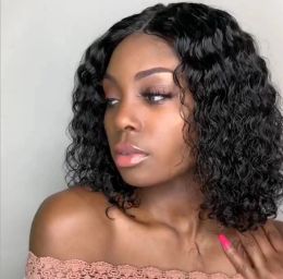 African Curly Hair Bob Wigs Peruvian Water Wave Cornrow Curls For Black Women Transparent Lace Frontal Wig Curly 4x4 Closure