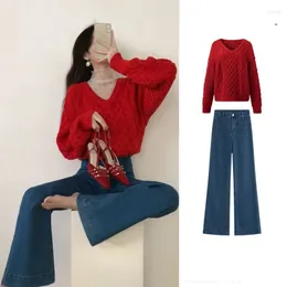 Women's Two Piece Pants Autumn And Winter Fashion Celebrity Temperament Retro V-neck Suit Knitted Sweater High Waisted Jeans 2-Piece Set For