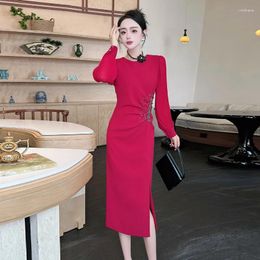 Party Dresses ZJYT Elegant Luxury Beading Red Wedding Dress Women 2024 Spring Long Sleeve Midi Special Occasion Vestidos Black 3XL