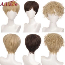 Wigs Ailiade Short Wig Natural Brown Straight For Men Women Male Boy Synthetic Hair With Bangs Cosplay Anime Halloween Daily Wig