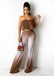 Women's Two Piece Pants 2024 Sweet Elegant Floral Western Style Summer Boat Neck Tube Top Pleated Gradient Casual Trousers Suit Two-Piece