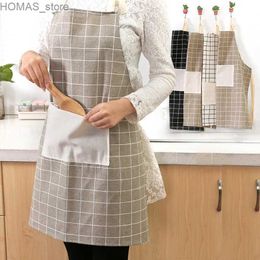 Aprons Japanese Kitchen Plaid Cotton Linen WomenS Apron Thickened Apron Advertising Apron Kitchen Waterproof Oil-Proof Household Tool Y240401