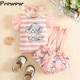 Prowow 0-18M Elephant Baby Girl Clothes For Newborns Striped Ruffled T-shirts Suspender Bodysuit Summer Baby Girls Outfit Sets