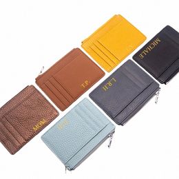 genuine Leather Slim Zip Card Holder Custom Name Solid Cowhide Women Men Mini Wallet Persalize Letters DIY Gift Coin Purse l6S7#