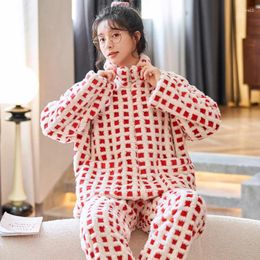 Home Clothing Sleepwear Women Sleep Set Lounge Nightwear Stand Collar Pyjamas Sets Loose Flannel Clothes Long Sleeve 2PCS Shirt&Pants