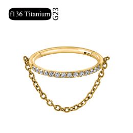 ASTM F136 Titanium Nose Ring CZ Hinged Clicker Segment with Chain Cartilage Earring Hoop 8-12mm Earring Helix Conch Piercing