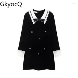 Casual Dresses GkyocQ French Retro Black Velvet Dress For Women Elegant Turn Down Collar Spliced Bow Long Sleeve Loose A Line Female