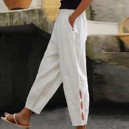 Women's Pants Vintage Fashion Solid Cotton And Linen Women Spring Elastic Waist Pocket Button Trousers Summer Bottoming Hollow Out