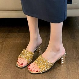 Slippers Crystal High Heels Women Bling Chunky Luxury Shoes Summer Slingback Sandals 2024 Dress Flip Flops Pumps Lady Slides