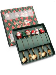 Coffee Scoops Christmas Spoons Forks Set (4/6Pcs) Stainless Steel Spoon Gifts For Kids(Red/Green Gift Box Set)