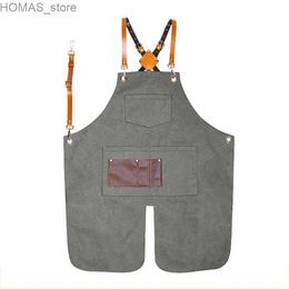 Aprons New PU Leather Straps Denim Work Apron Barista Barber Work Clothes Restaurant Floral Apron For Woman Man Customised Brand Y240401