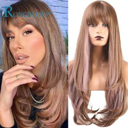 Wigs RONGDUOYI Long Synthetic No Lace Wig With Bangs Cosplay Anime Black Ombre Brown Wig For Black Women Highlight Pink Body Wave Wig