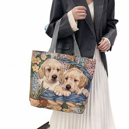 retro Embroidery Canvas Tote Bag Cute Carto Cat Dog Shoulder Bag Ethnic Style Handbag Shop Bag Mommy B5bz#