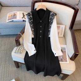 Casual Dresses Autumn And Winter Contrast Colour Stitching Lace Shirt Women's Long Sleeve Niche Loose Slimming Dress