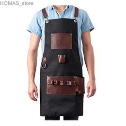 Aprons Free Shipping European and American Kitchen Clean Electrician Gardening Carpenter Thick Canvas Leather Pocket Apron Man Woman Y240401