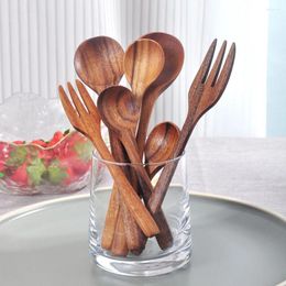 Flatware Sets 7pcs Japanese Style Wooden Spoons Acacia Wood Eco Friendly Stirring Soup Spoon Ramen Forks Salad Desserts Cereal