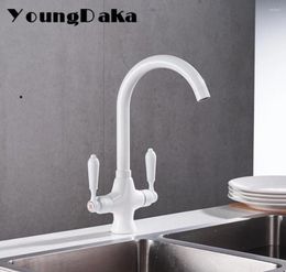 Bathroom Sink Faucets Wholesale And Retail White Finish Kitchen Faucet &Cold Water Mixer Tap 360 Degree Swivel Double Handle