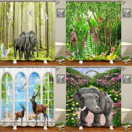 Shower Curtains Forest Scenery Bathroom Waterproof Curtain Elephant Giraffe Tiger Animal Printing Home Decoration Bath With Hook