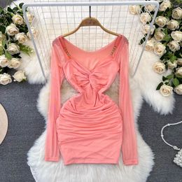 Casual Dresses Foamlina Fashion Socialite Sexy Long Sleeve V-neck Twisted Dress Women's Waist Slimming Short Mesh Pink Bottom