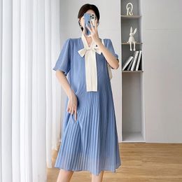 Summer Korean Fashion Chiffon Maternity Dress Elegant Sweet Loose Clothes for Pregnant Women Ins Ruffle Bow Pregnancy Clothing 240319