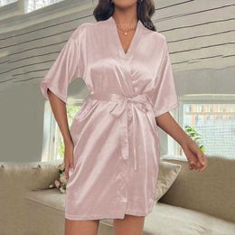 Womens Sleepwear Womens Silk Satin Kimono Robes Nightgown Dress Bathrobe Solid Home Pyjamas Night Nightdress Robe