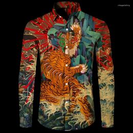 Men's Casual Shirts 3D Printed Tiger Turn-down Collar Button Shirt Chinese Style Vintage Long Sleeve Tops Hawaii Party Streetwear Tees