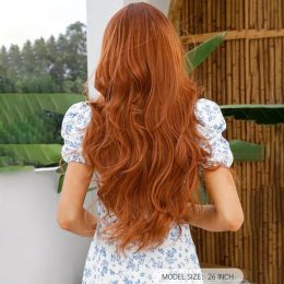 Long Wavy Orange Brown Synthetic Wigs with Bangs Copper Ginger Cosplay Wig for Women Afro Body Wave Natural Hair Heat Resistant