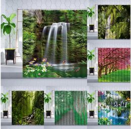 Shower Curtains Spring Natural Scenery Curtain Waterfall Green Plant Leaves Cherry Blossom Jungle Forest Bathroom Polyester Set