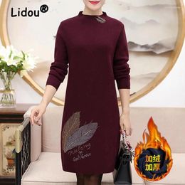 Casual Dresses 2024 Winter Women's Korean Fashion Rhinestone Elegant Plush Warm Midi Dress Ladies O Neck Long Sleeve Loose Basic