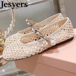 Flats Spring Autumn Air Mesh Loafers Women Round Toe Metal Belt Bow Decor Pearl Chain Ballet Shoes Comfort Flat Bottom Shoes